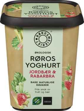 Øko Røros Yoghurt Jordbær og Rabarbra Beger 500g Rørosmeieriet