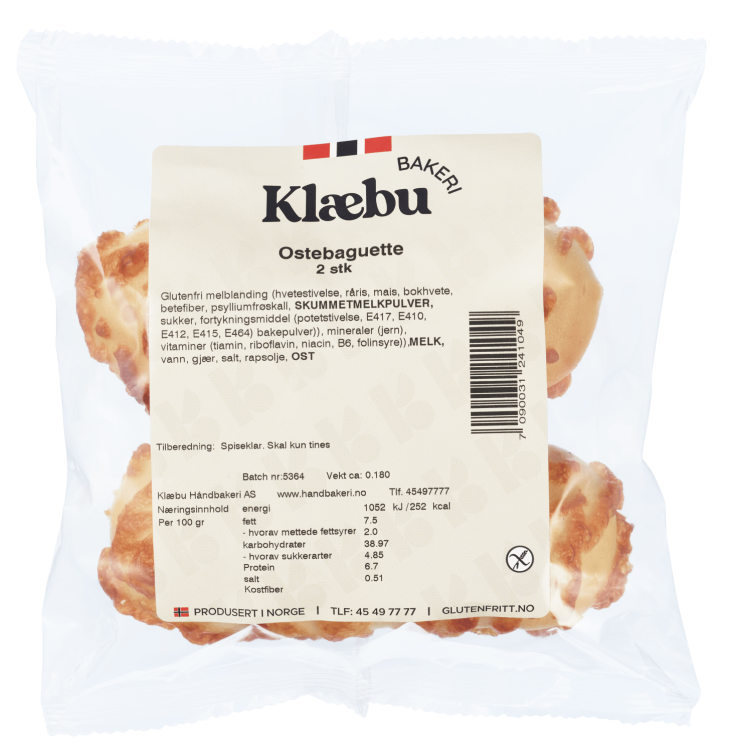 Ostebaguetter glutenfri 2stk 180g Klæbu