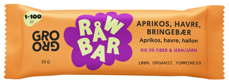 Råwbar Aprikos Havre Bringebær 30g Grogro