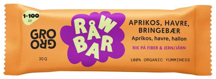 Råwbar Aprikos Havre Bringebær 30g Grogro