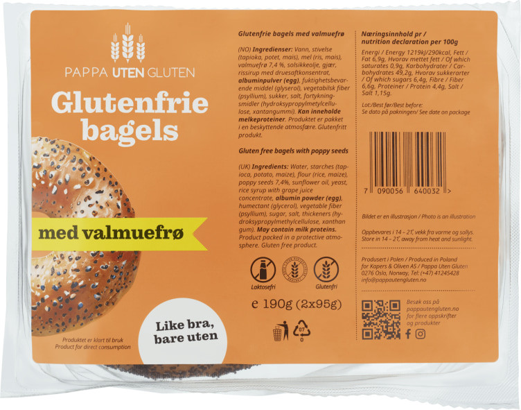Bagels m/Valmuefrø Gl.Fri 190g Pappa uten Gluten