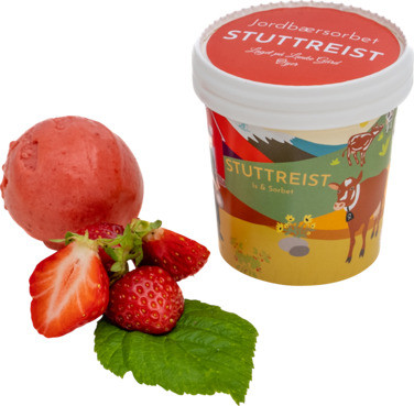Jordbærsorbet 125 med Skje i Lokk Stuttreist Is & Sorbet