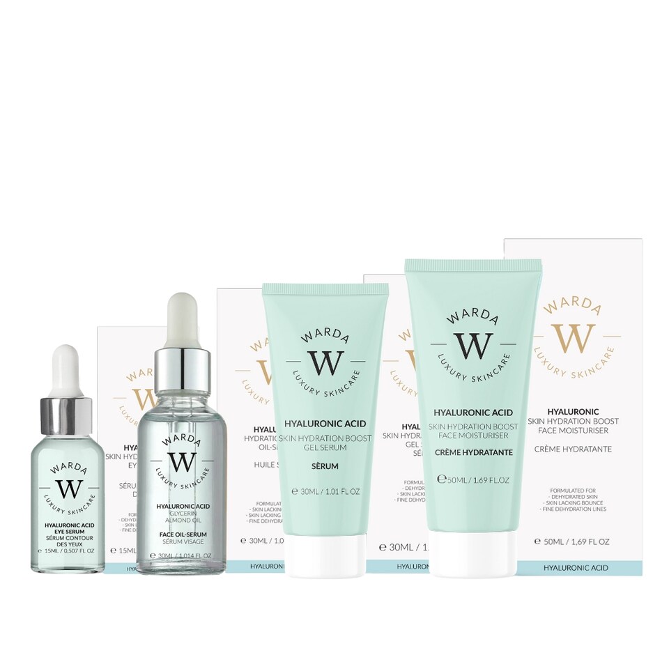 Warda Luxury Skincare Skin Hydration Boost Hyaluronic Acid Moisturiser 50ml + Skin Hydration Boost Hyaluronic Acid Eye Serum 15ml + Skin Hydration Boost Hyaluronic Acid Gel Serum 30ml + Hyaluronic Acid Hydration Boost Oil Serum 30ml