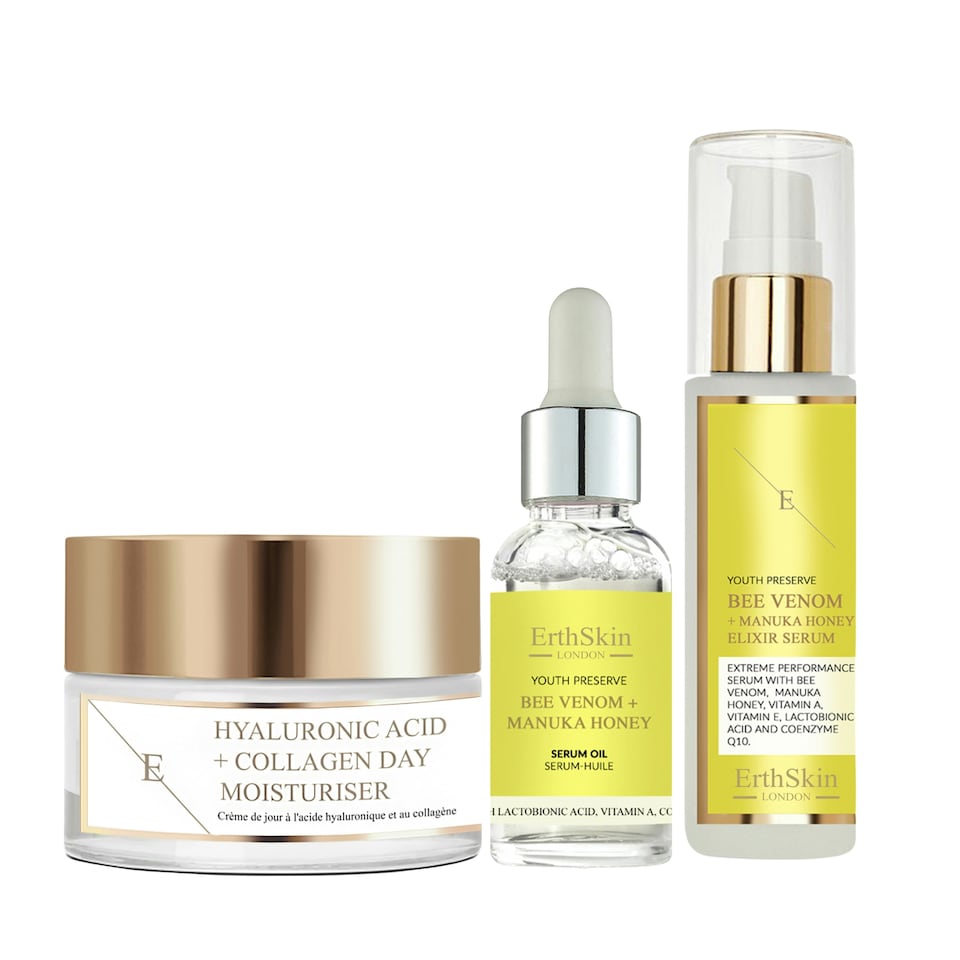 Hyaluronic Acid & Collagen Day Cream 50ml+ Bee Venom + Manuka Honey Elixir Serum 60ml + Bee Venom + Manuka Honey Serum Oil 30ml