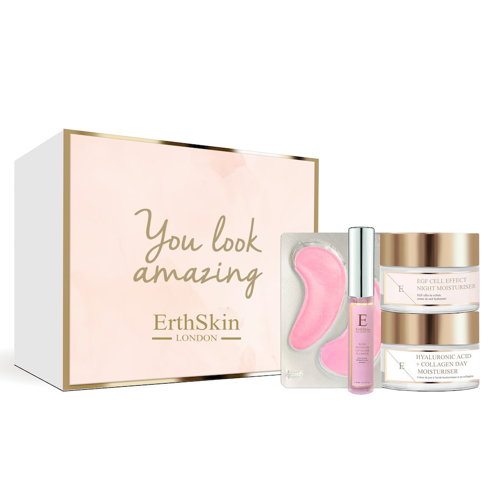 Erth Skin London Rose Blossom Glow Lip Gloss + Hydro-Gel Eye Pads + EGF Cell Night Cream + Hyaluronic & Collagen Day Cream 50ml (Universal Kit)