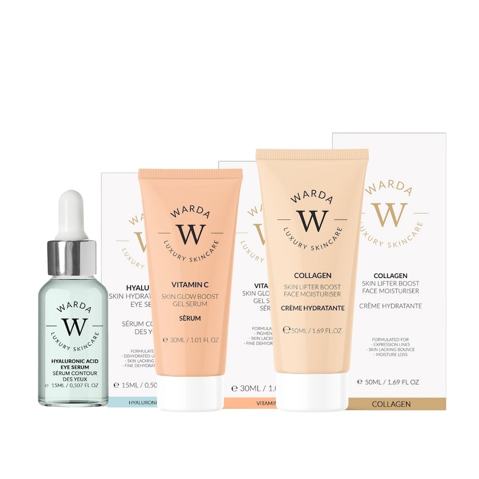 Warda Luxury Skincare Skin Glow Boost Vitamin C Gel Serum 30ml + Skin Hydration Boost Hyaluronic Acid Eye Serum 15ml + Skin Lifter Boost Collagen Moisturiser 50ml