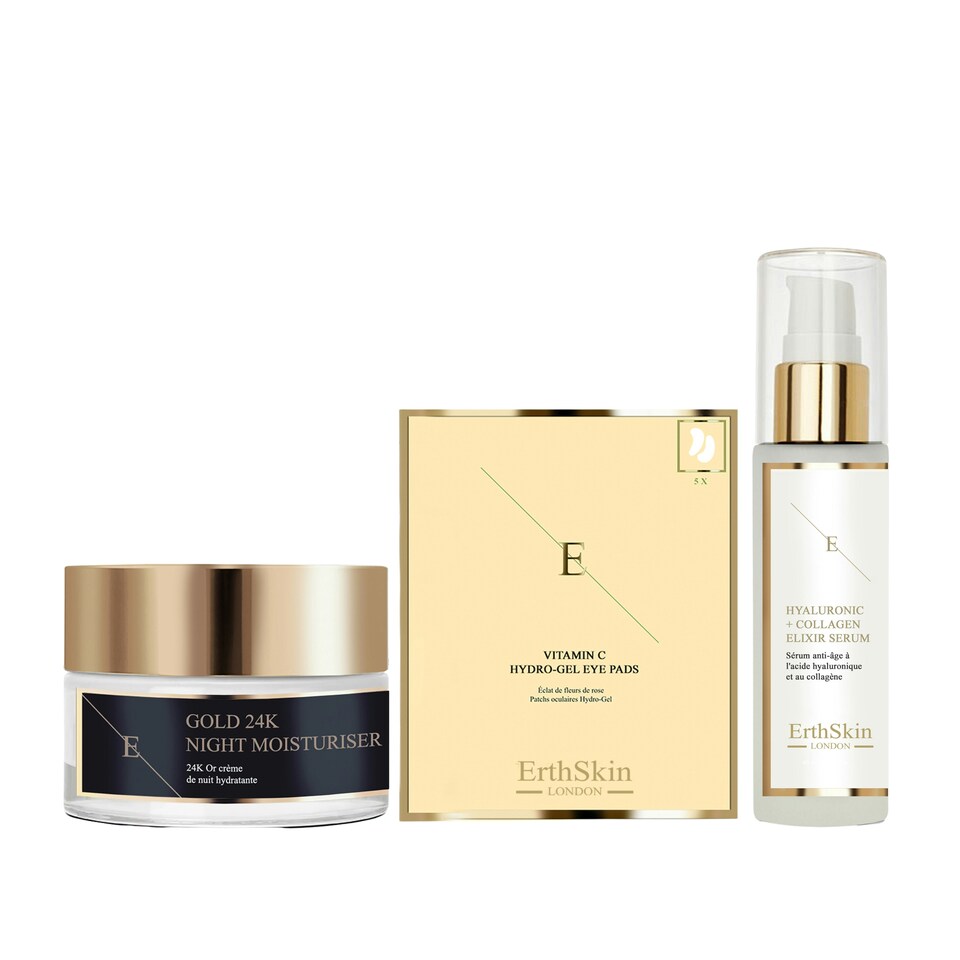 Anti-Wrinkle Night Moisturiser 24K Gold 50ml + Hyaluronic Acid & Collagen Serum - 60ml + Vitamin C Hydrogel Eye Pads X 5