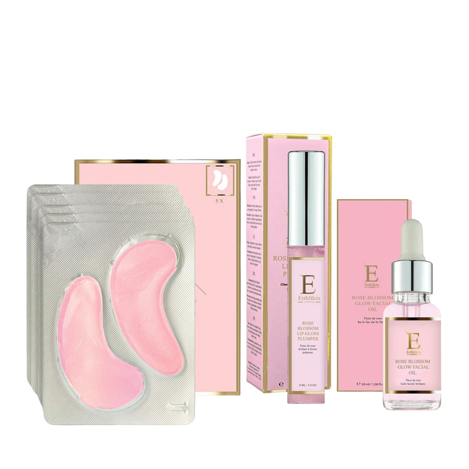 Rose Blossom Glow Facial Oil 30ml + Rose Blossom Glow Hydro-Gel Eye Pads 5 X 2 + Eclat - Rose Blossom Lip Gloss Plumper 8ml