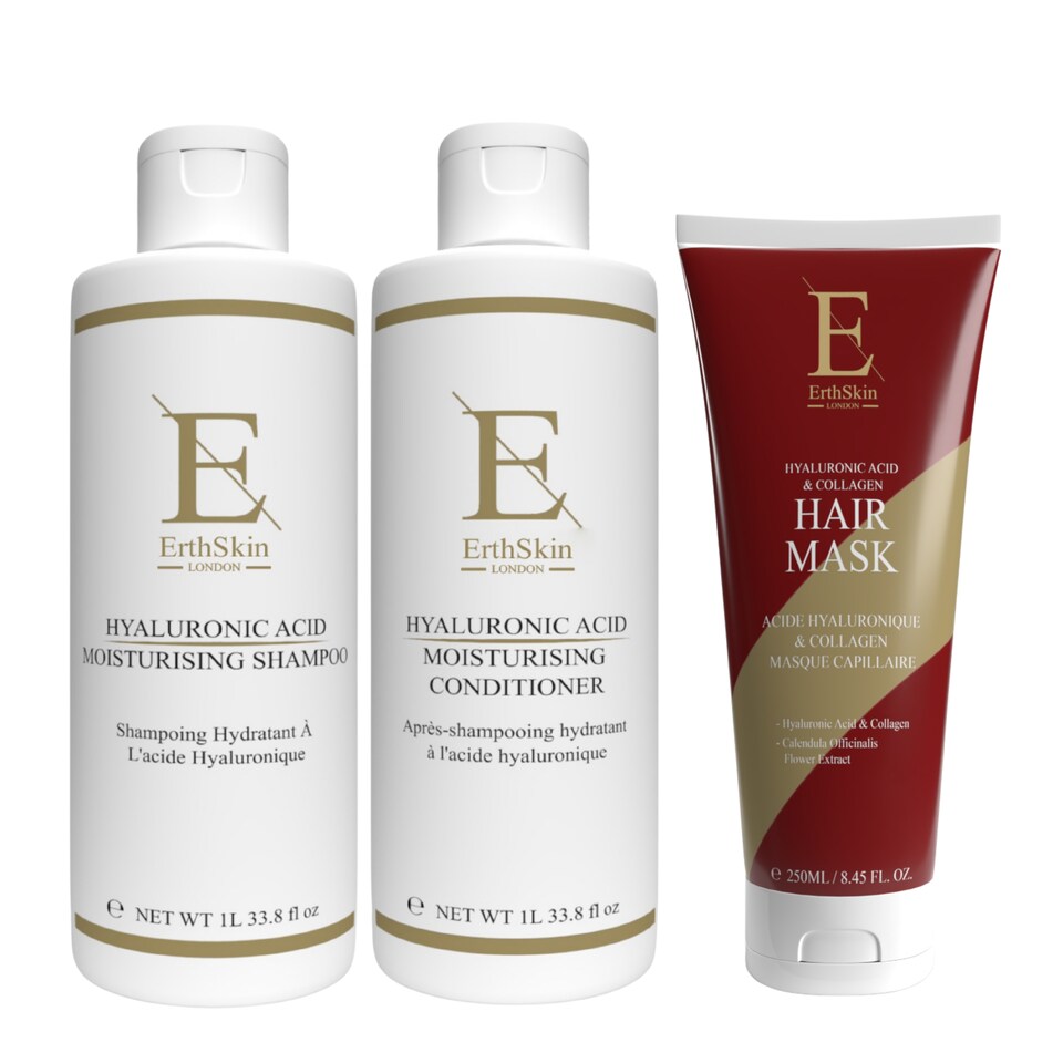Erth Skin London Hyaluronic Shampoo 1L + Hyaluronic Conditioner 1L + Hyaluronic & Collagen Hair Mask 250ml