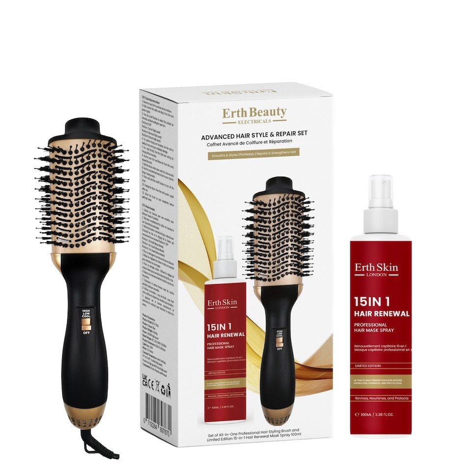 Erth Skin London Ultimate Hair Style & Repair Set (All-In-One Professional Hair Brush + 15-In-1 Hair Spray – 100ml)