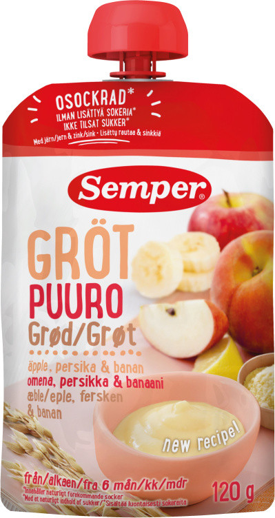 Grøt Eple&Fersken 6mnd 120g Semper
