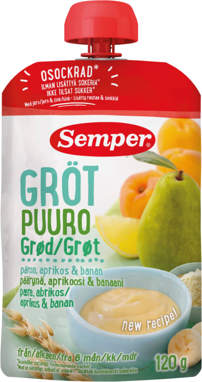 Grøt Pære&Aprikos 6mnd 120g Semper