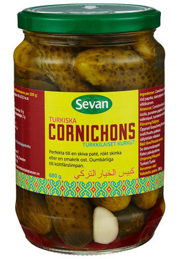 Cornichons Syltet Hel Agurk med Rød Paprika og Sterk Pepperoni (pepperfrukt) Sevan