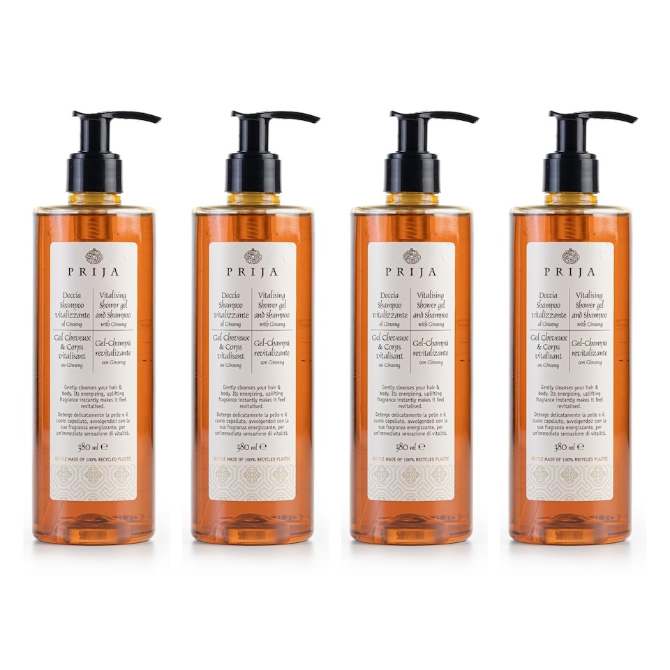 Prija Vitalising Shower Gel and Shampoo with Ginseng Extract - 4 x 380 ml - Hydrating and Energising Body and Hair Wash Gel with Pump Dispenser