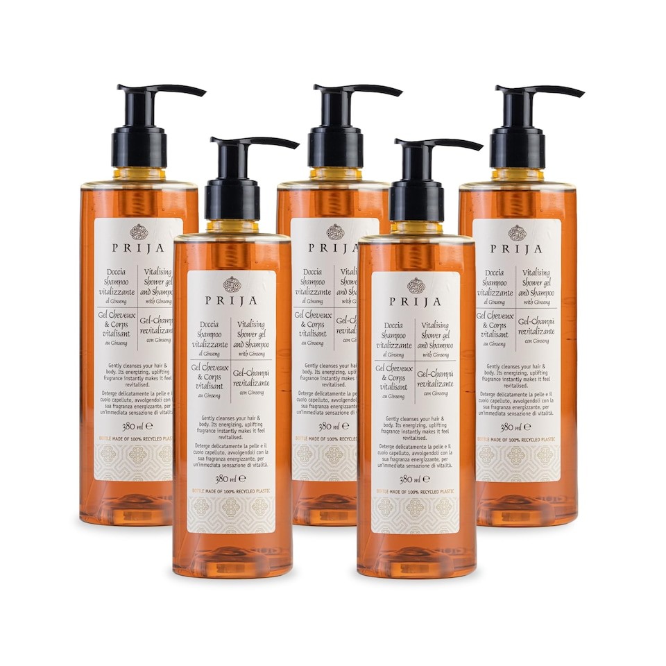 Prija Vitalising 2 in 1 Shower Gel and Shampoo with Ginseng Extract, Hydrating and Energising Hair and Body Wash Gel with Pump Dispenser, Luxurious Shower Gel 5 x 380ml