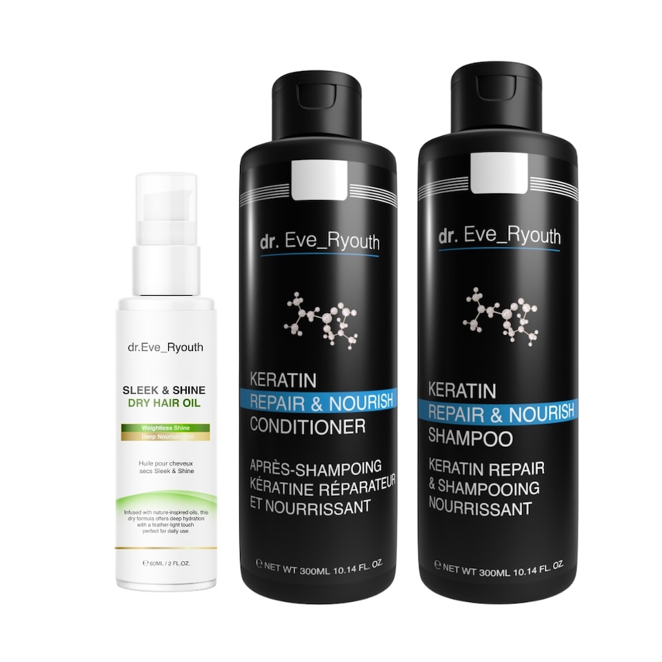 Dr. Eve_Ryouth Keratin Repair & Nourish Shampoo 300ml + Keratin Repair & Nourish Conditioner 300ml + Sleek & Shine Dry Hair Oil 60ml