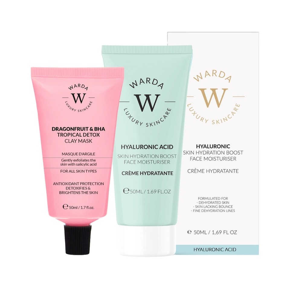 Warda Luxury Skincare Skin Hydration Boost Hyaluronic Acid Moisturiser 50ml + Dragonfruit & BHA Tropical Detox Clay Mask 50ml