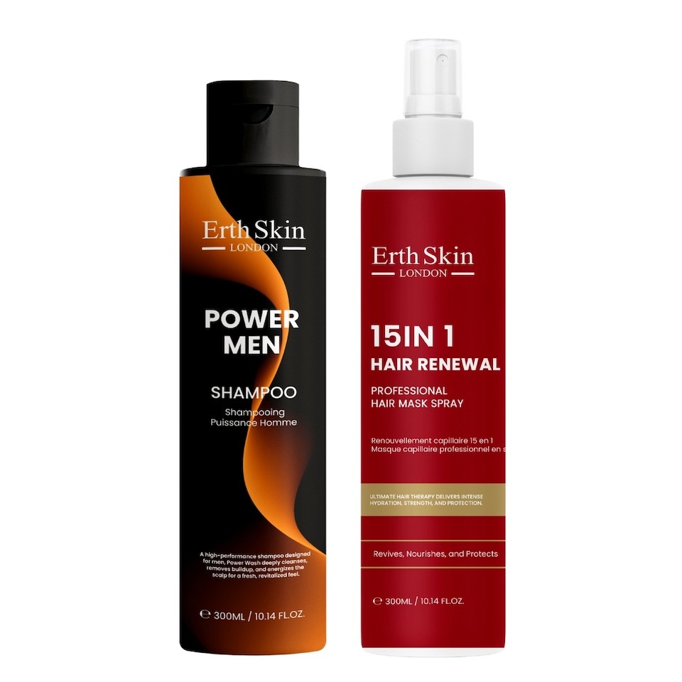 Erth Skin London Power Men Shampoo 300ml + 15-in-1 Hair Renewal Mask Spray 300ml
