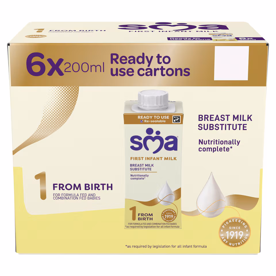 SMA First Infant Baby Milk Formula Liquid Ready to Feed from Birth 6x200ml