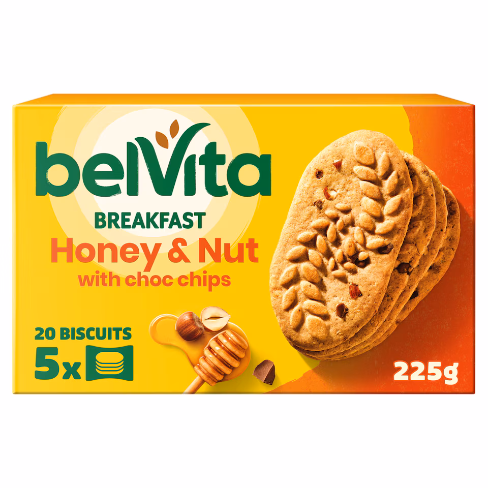Belvita Breakfast Honey & Nut with Chocolate Chip Cereal Biscuit Snack Bars Pack 5 x 45g