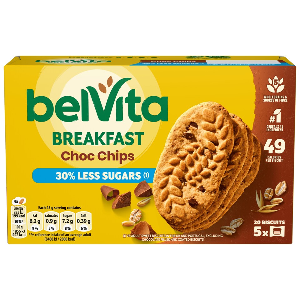 Belvita Cocoa Chocolate Chip Cereal Biscuit Snack Bars Pack 5 x 45g