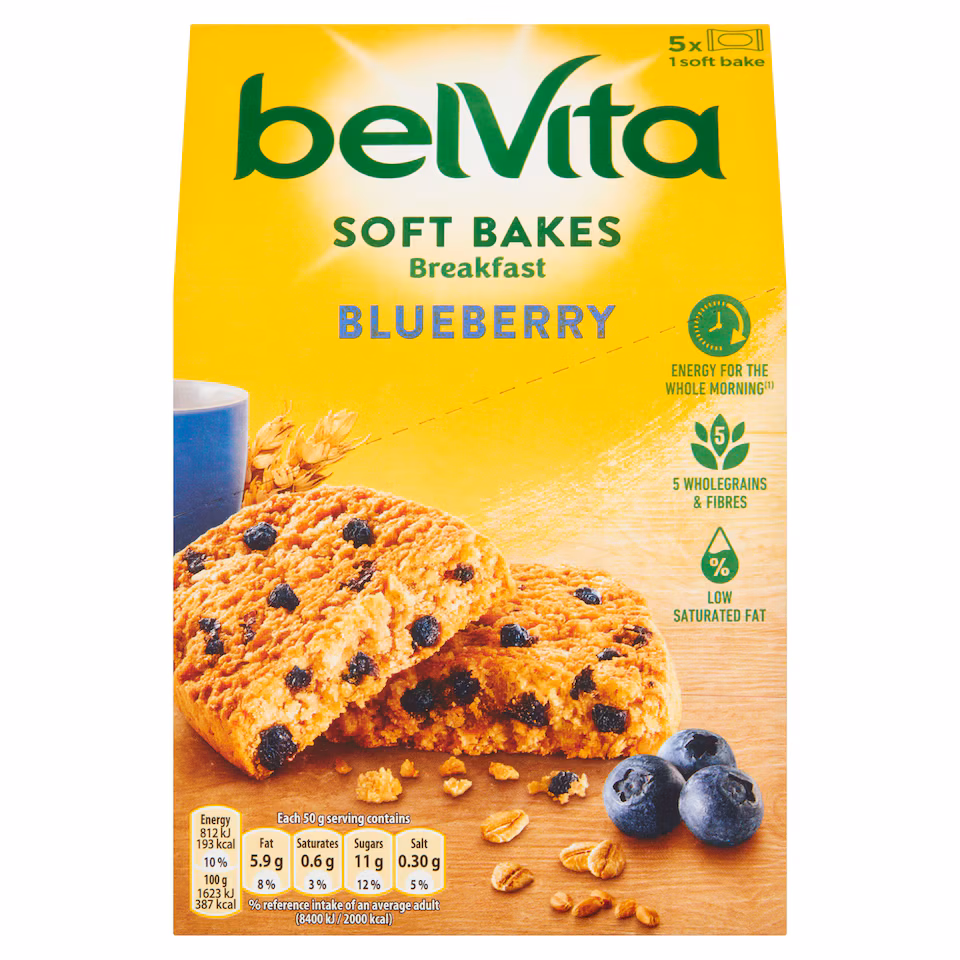 Belvita Breakfast Blueberry Soft Bakes Cereal Snack Bars Pack 5 x 50g