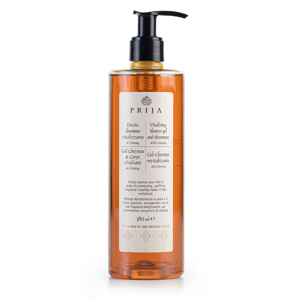Prija Vitalising Shower Gel and Shampoo with Ginseng Extract, Hydrating and Energising Body and Hair Wash Gel with Pump Dispenser, Luxurious Shower Gel 380ml
