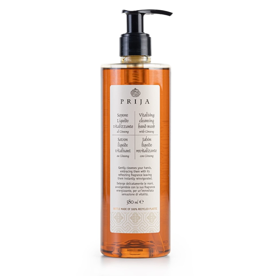 Prija Vitalising Hand Wash with Ginseng Extract Gently Cleanses Hands, Moisturising Liquid Hand Soap, Vegan Friendly with Energising Fragrance 380ml