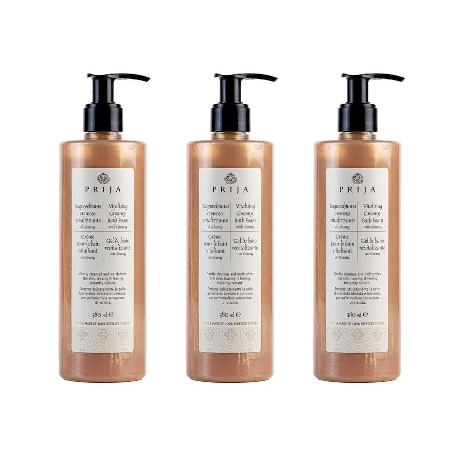 Prija Vitalising Creamy Bath Foam, Pearly Texture for Radiance Boost, Gently Cleanses and Moisturises The Skin with Ginseng Extract 3 x 380ml