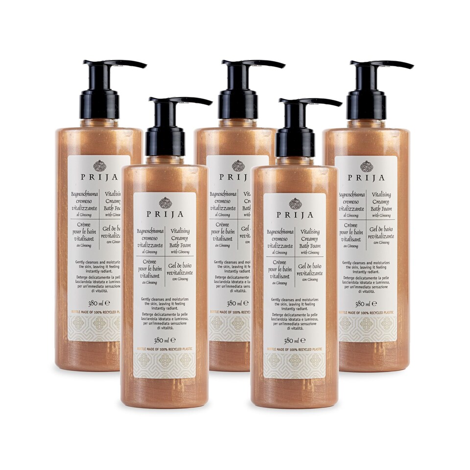 Prija Vitalising Creamy Bath Foam, Pearly Texture for Radiance Boost, Gently Cleanses and Moisturises The Skin with Ginseng Extract 5 x 380ml