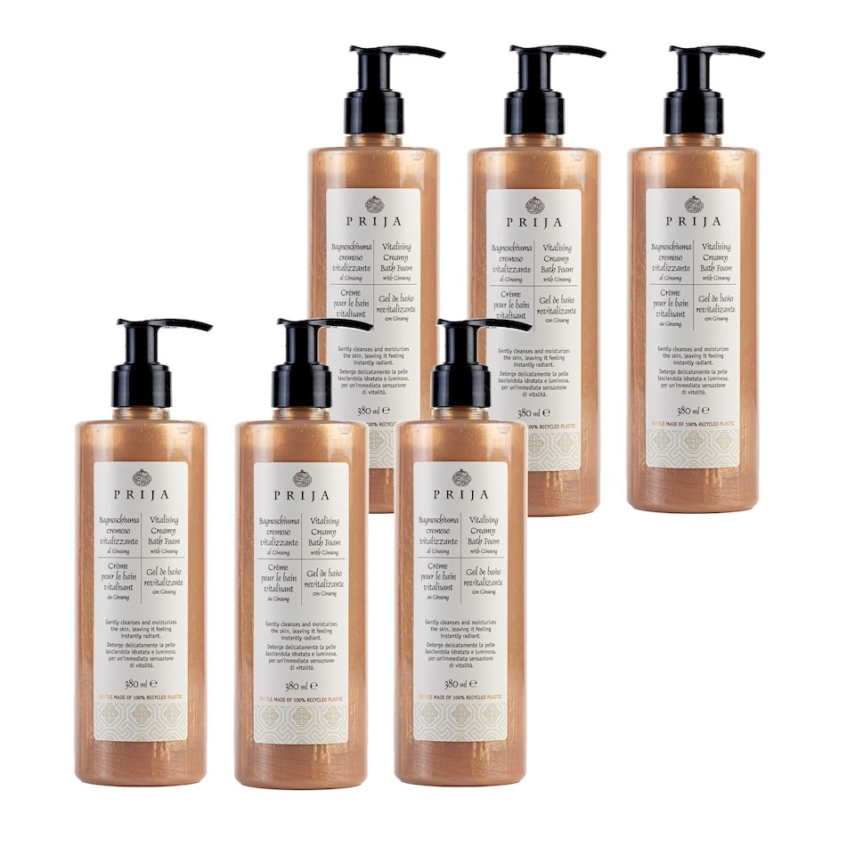 Prija Vitalising Creamy Bath Foam, Pearly Texture for Radiance Boost, Gently Cleanses and Moisturises The Skin with Ginseng Extract 6 x 380ml