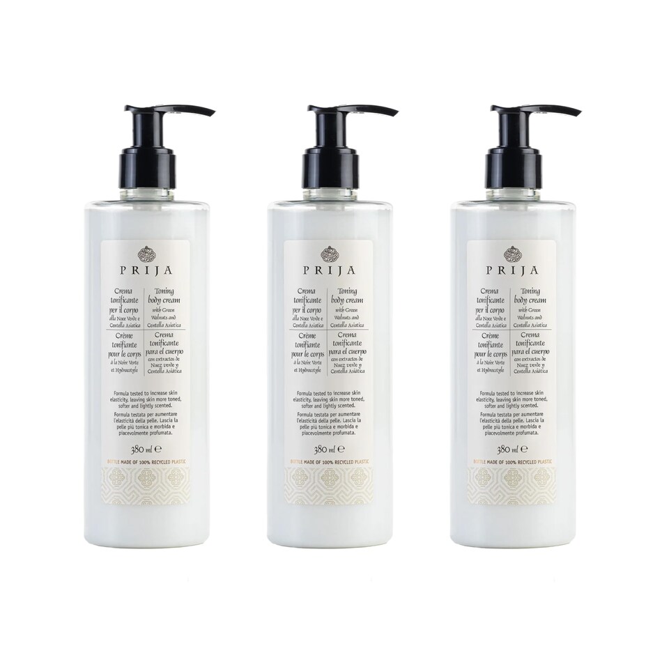 Prija Toning Body Cream Boosts Hydration and Elasticity with Avocado Oil and Green Walnut Extract, Lightly Scented Vegan Friendly Moisturising Body Cream with Centella Asiatica 3 x 380ml