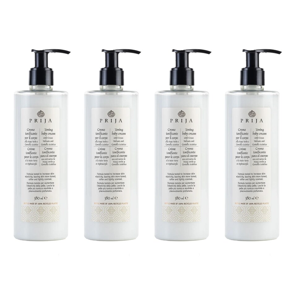 Prija Toning Body Cream Boosts Hydration and Elasticity with Avocado Oil and Green Walnut Extract, Lightly Scented Vegan Friendly Moisturising Body Cream with Centella Asiatica 4 x 380ml