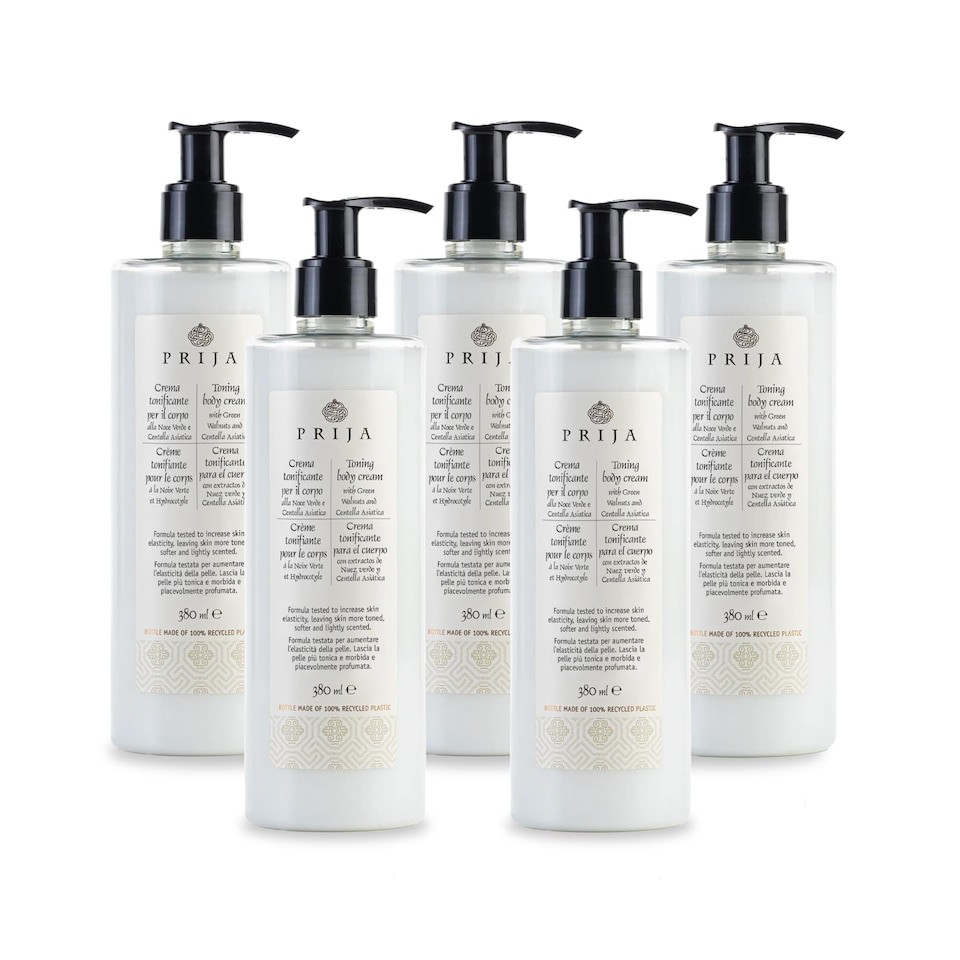 Prija Toning Body Cream Boosts Hydration and Elasticity with Avocado Oil and Green Walnut Extract, Lightly Scented Vegan Friendly Moisturising Body Cream with Centella Asiatica 5 x 380ml