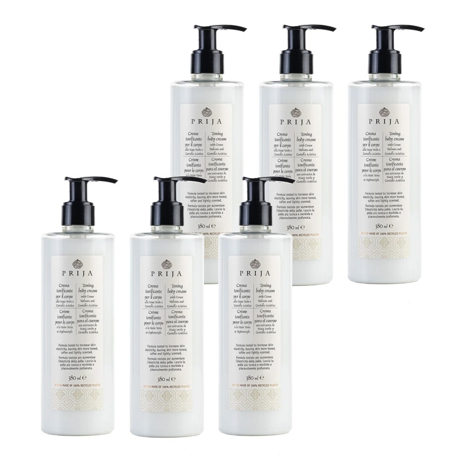 Prija Toning Body Cream Boosts Hydration and Elasticity with Avocado Oil and Green Walnut Extract, Lightly Scented Vegan Friendly Moisturising Body Cream with Centella Asiatica 6 x 380ml