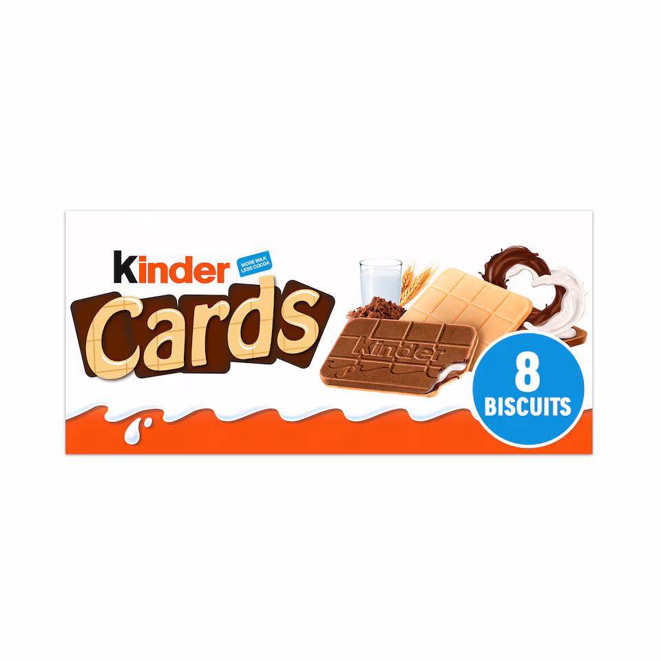 Kinder Cards Cocoa and Milk Biscuit Wafers Multipack, 8x12.8g