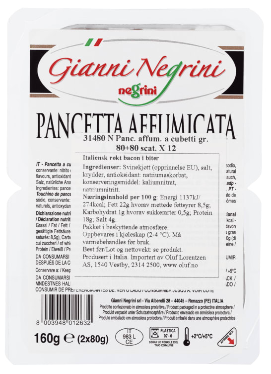 Pancetta Cubetti Røkt Bacon 2x80g Negrini