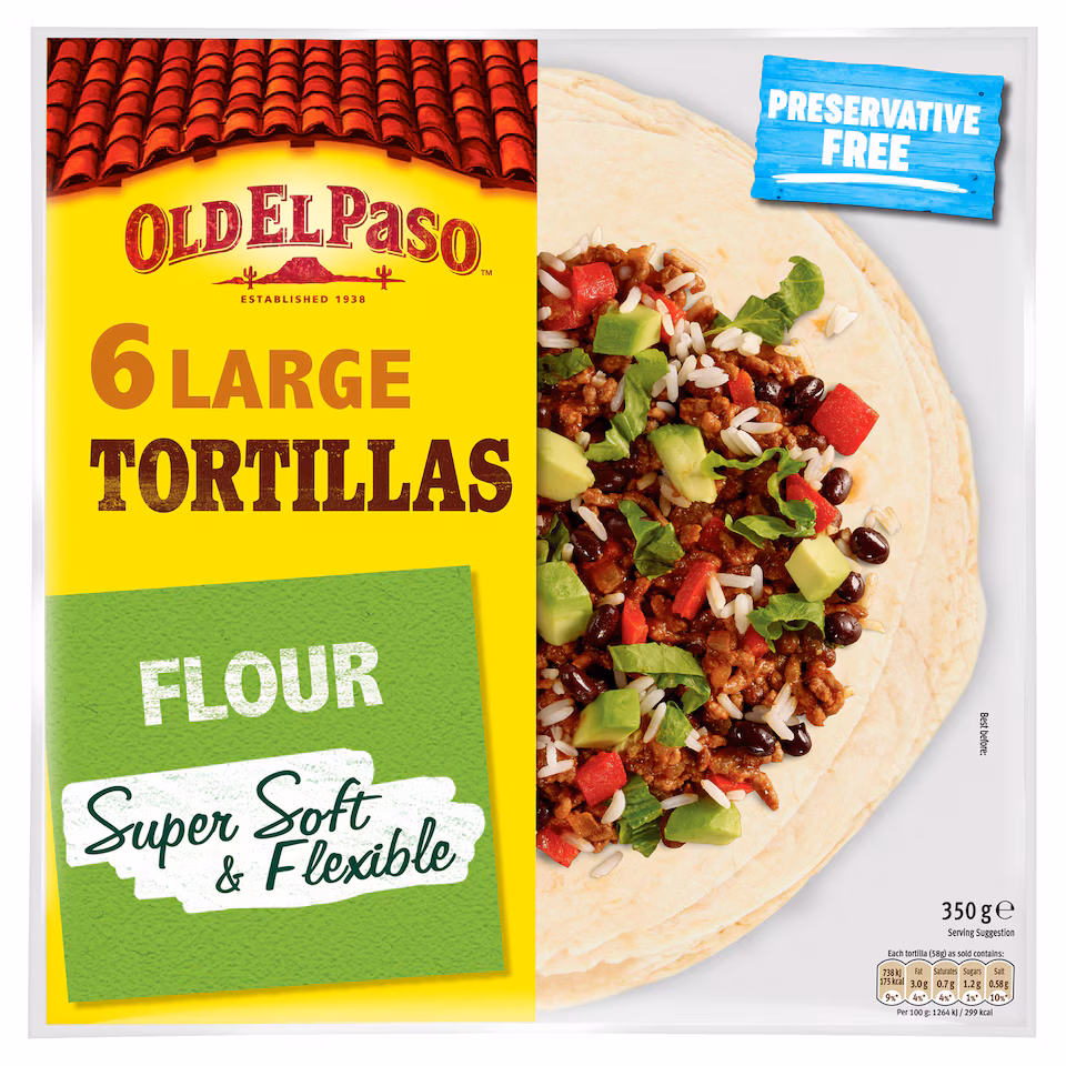 Old El Paso Large Super Soft Flour Tortillas Wraps 6 Pack 350G
