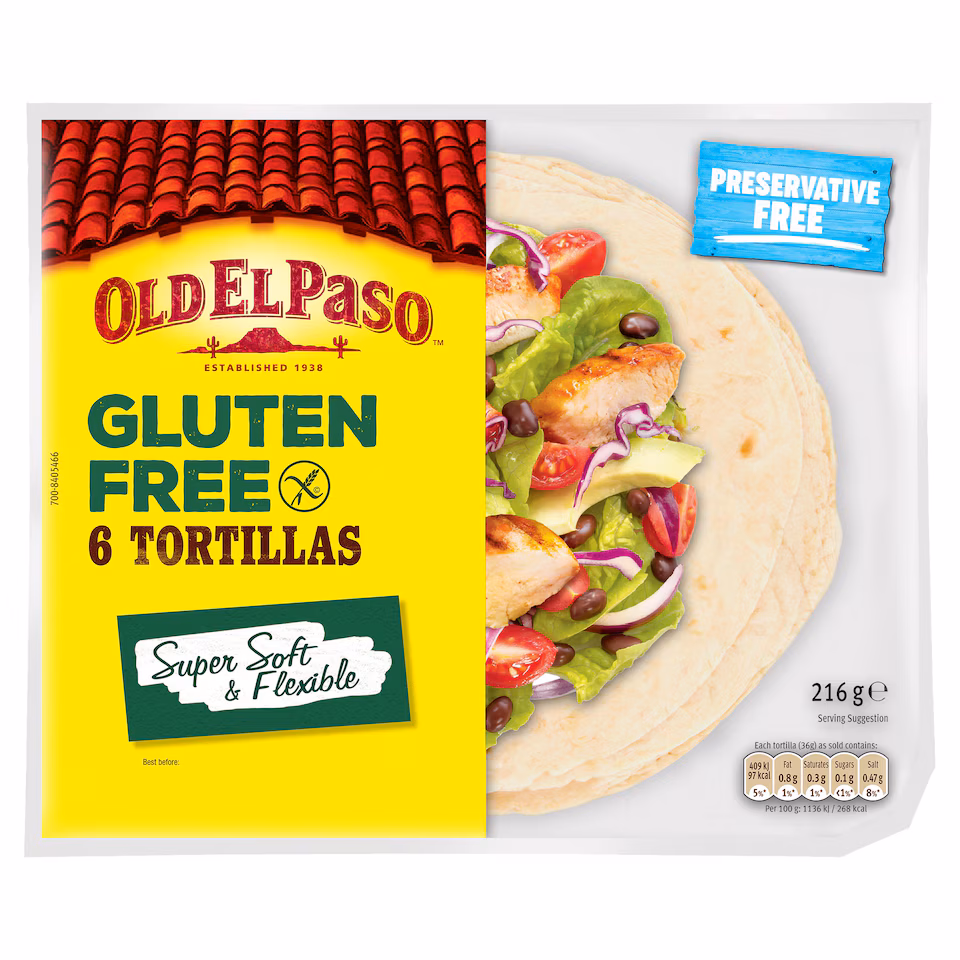 Old El Paso 6 Regular Gluten Free Tortilla Wraps 216G