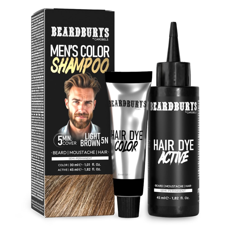 Beardburys Colour Shampoo for Men, Semi-Permanent Grey Coverage, Paraben-Free Light Brown Colour, Easy Beard and Hair Application - 30ml Colour and 45ml Activator