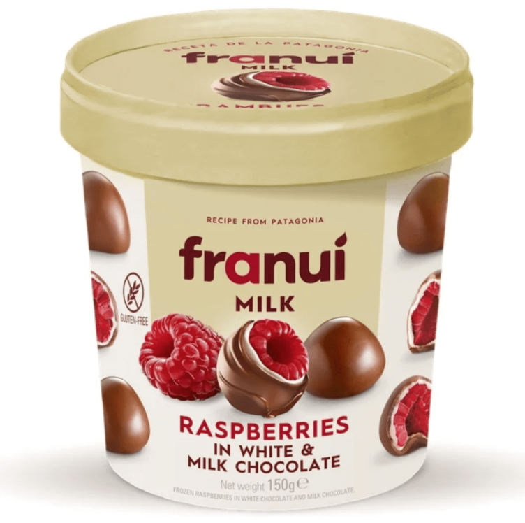 Frosne Bringebær Melkesjokolade 150g Franui