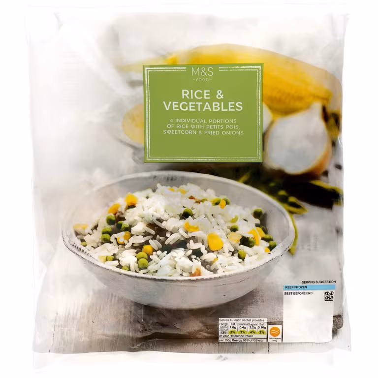 M&S Frozen Steamed Long Grain Rice with British Petit Pois, Sweetcorn & Onion