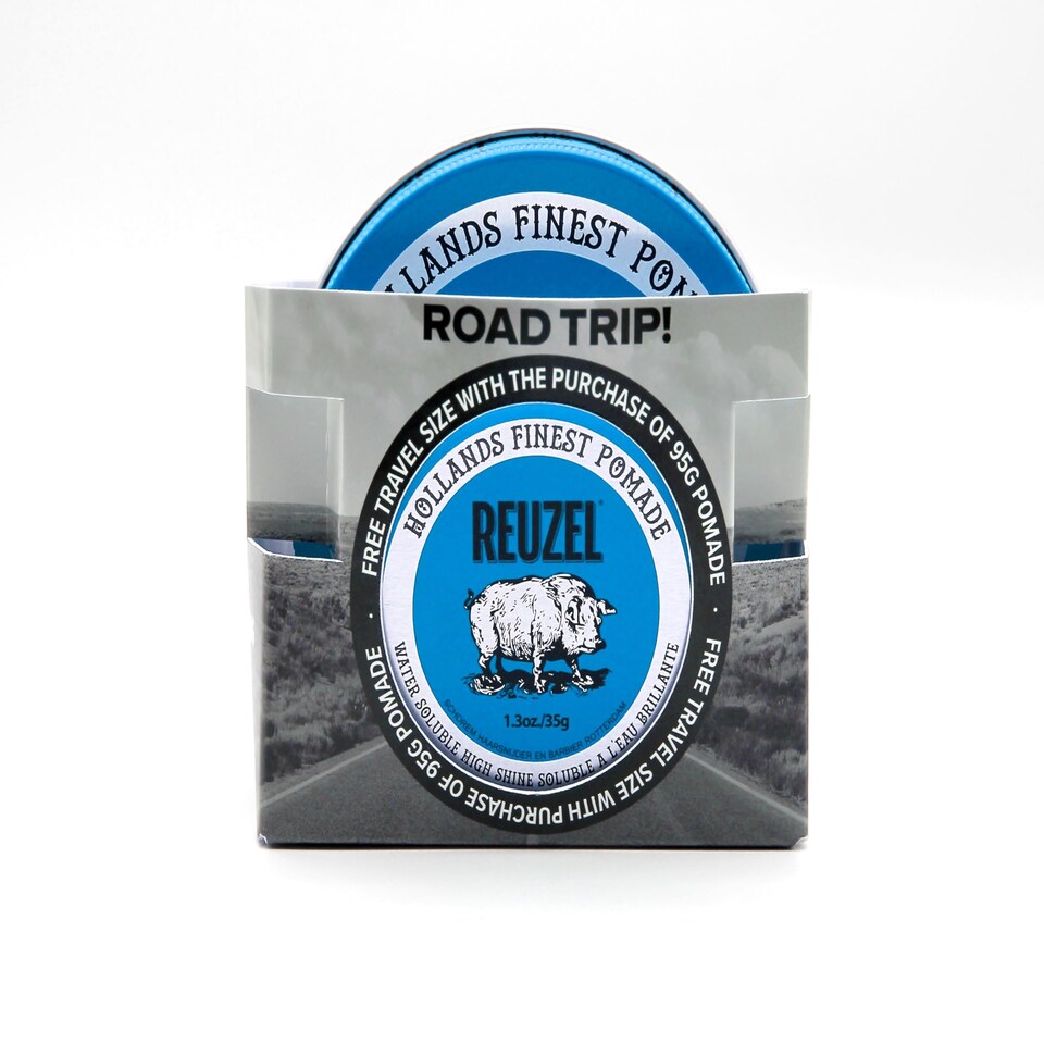 Reuzel 2026 Road Trip, Blue Strong Hold Pomade, Water Soluble for a High Shine Look with a Vanilla Scent, 95g Free Travel Size 35g