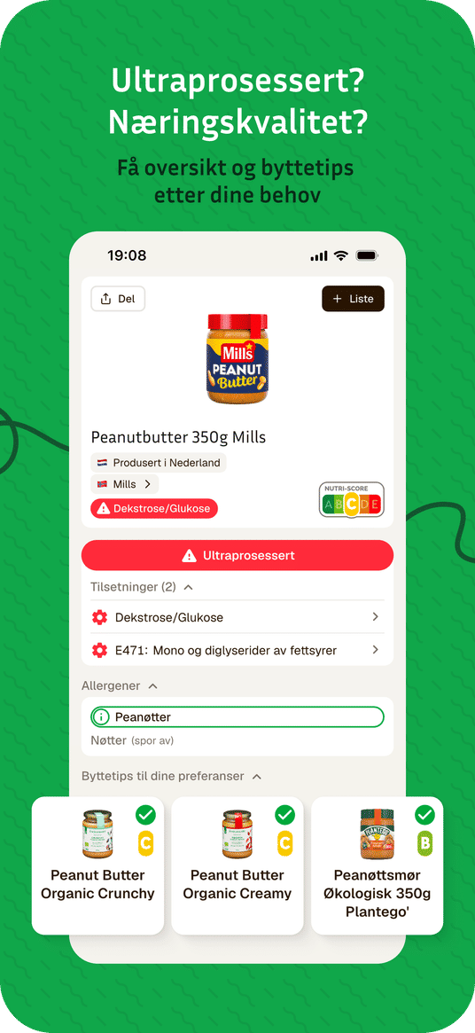 Ultraprosessert? Næringskvalitet? Få oversikt og byttetips etter dine behov.