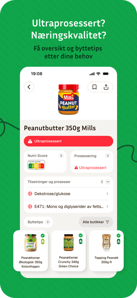 Ultraprosessert? Næringskvalitet? Få oversikt og byttetips etter dine behov.