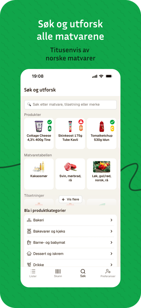 Har du ikke strekkoden? Søk på navn og utforsk produktkategorier i vår store database med norske matvarer.