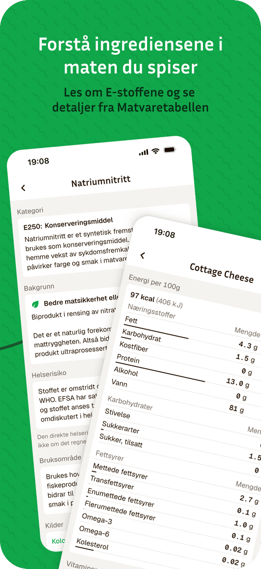 Forstå hva alle E-stoffene betyr og detaljer fra Matvaretabellen.