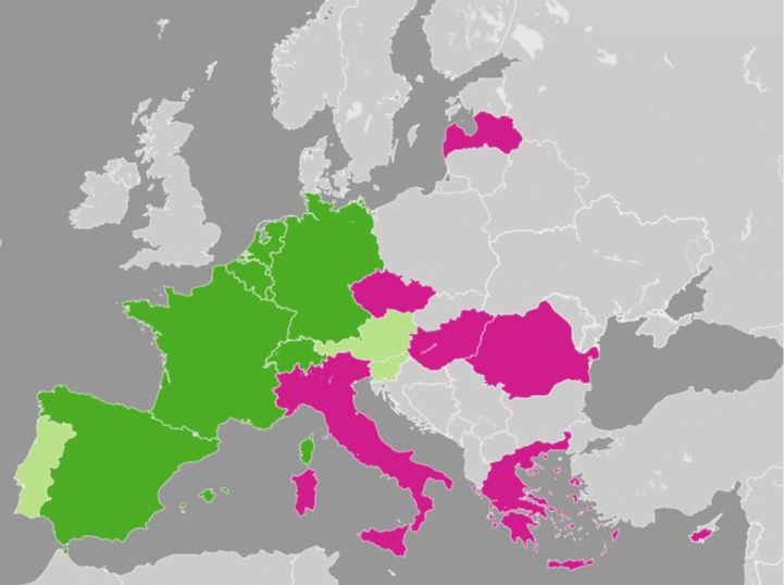Nutri-Score i Europa: mørkegrønn = anbefalt / lysegrønn = frivillig / grå = ingen data / lilla = imot. Foto: Wikipedia