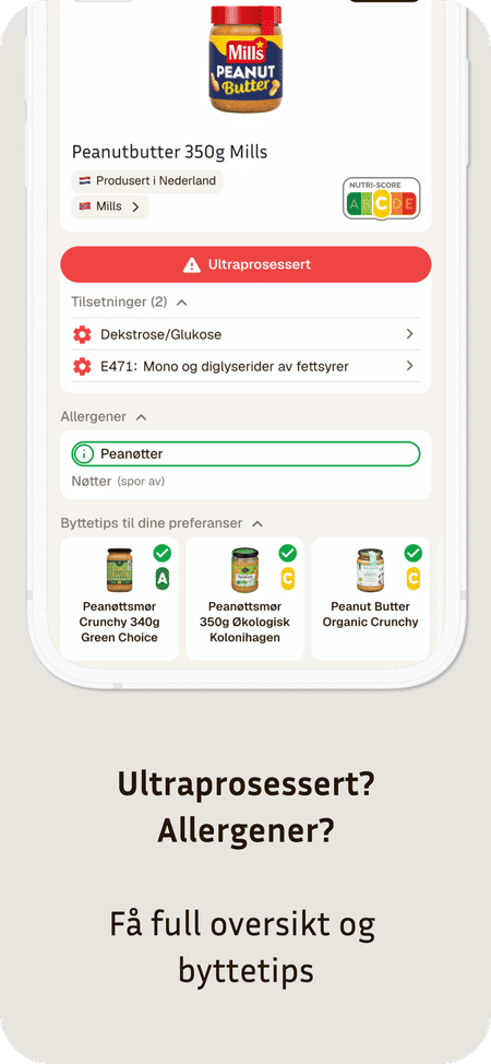 Ultraprosessert? Fri for allergener? Få full oversikt og byttetips.