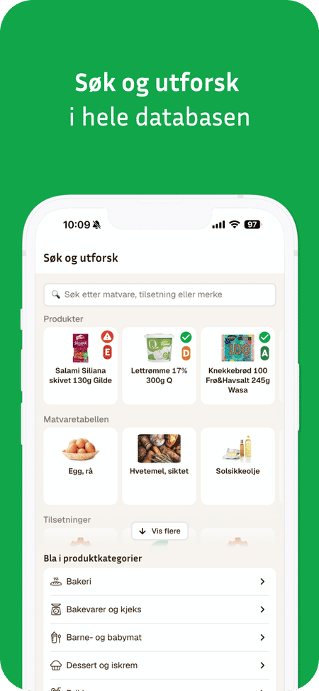 Har du ikke strekkoden? Søk på navn og utforsk produktkategorier i vår store database med norske matvarer.